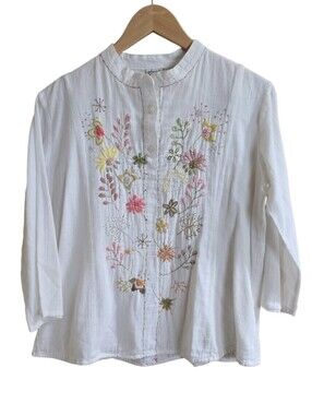 Abrazo Boho Peasant Floral Hand Embroidered 100% Cotton Gauze Blouse. Size Small